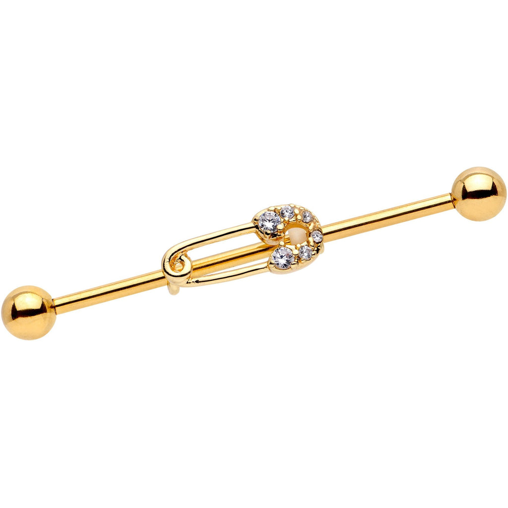 14G Clear CZ Gem Gold Tone Safety Pin Industrial Barbell 38mm