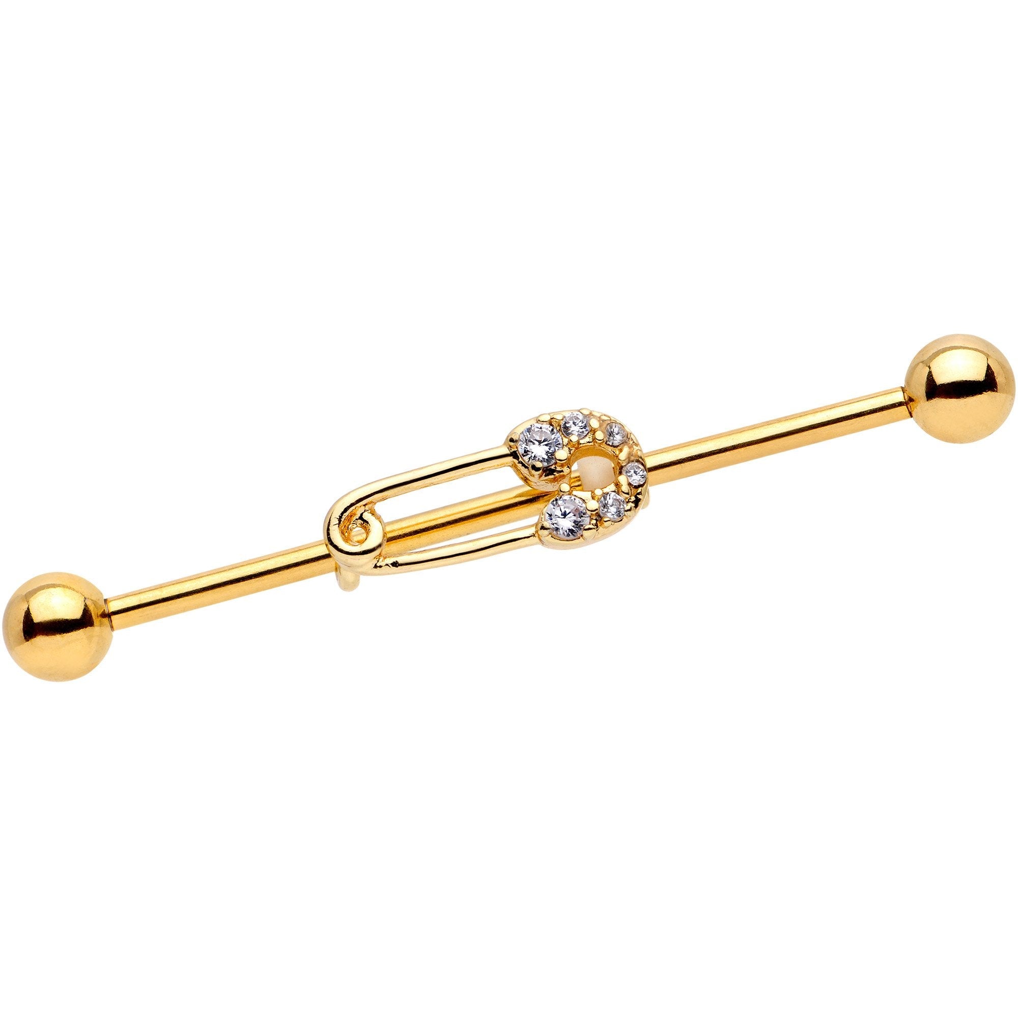 14G Clear CZ Gem Gold Tone Safety Pin Industrial Barbell 38mm