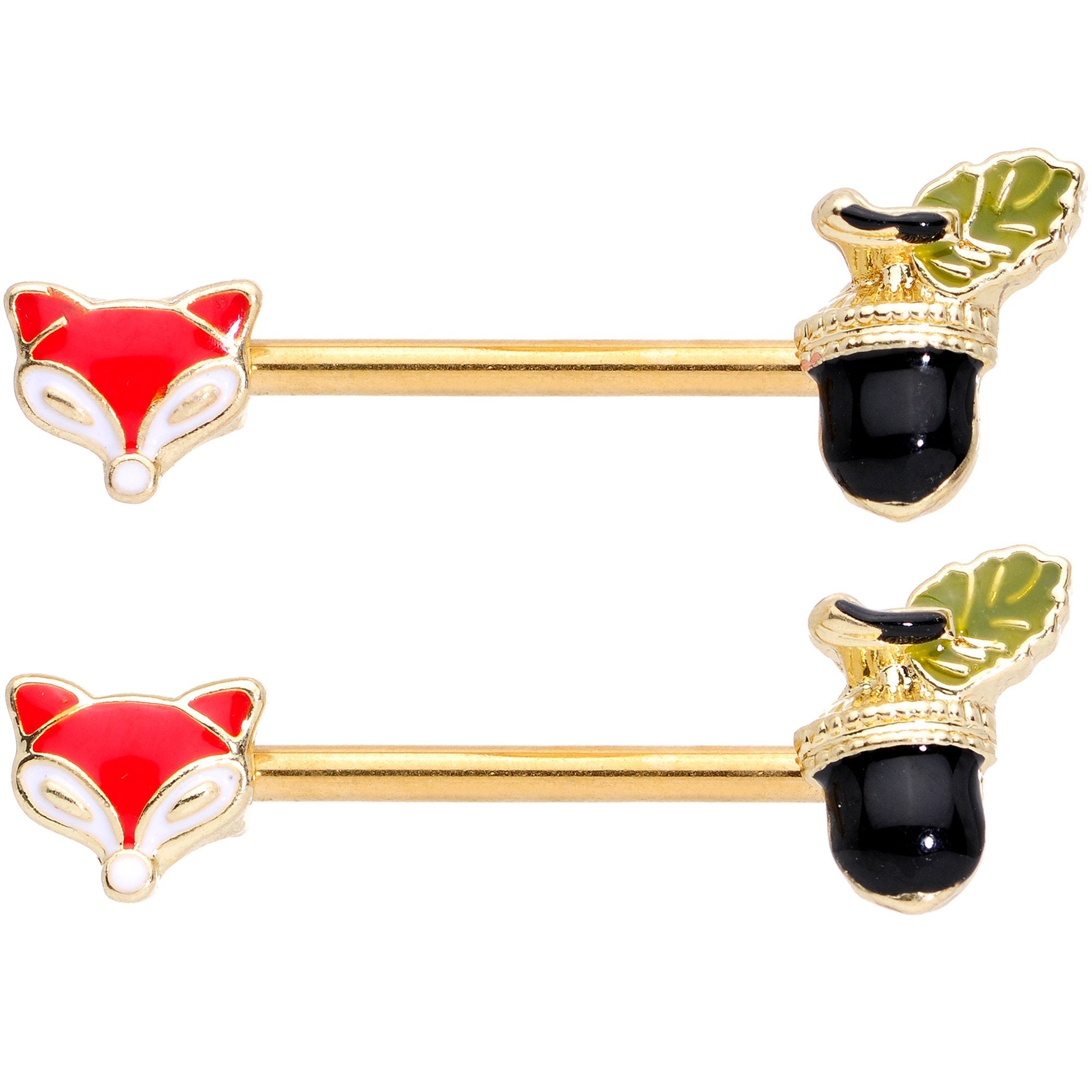 14G 9/16 Gold Tone Fox and Acorn Barbell Nipple Ring Set